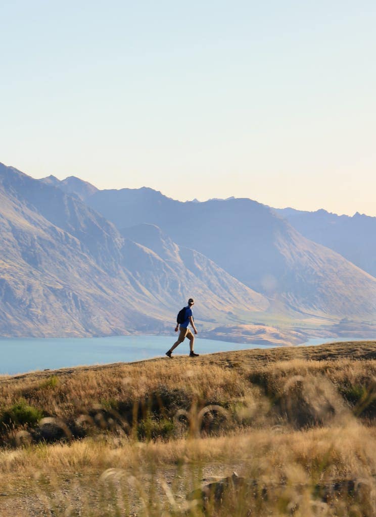 Hiker Walking on a Grass Field near Lake Tekapo